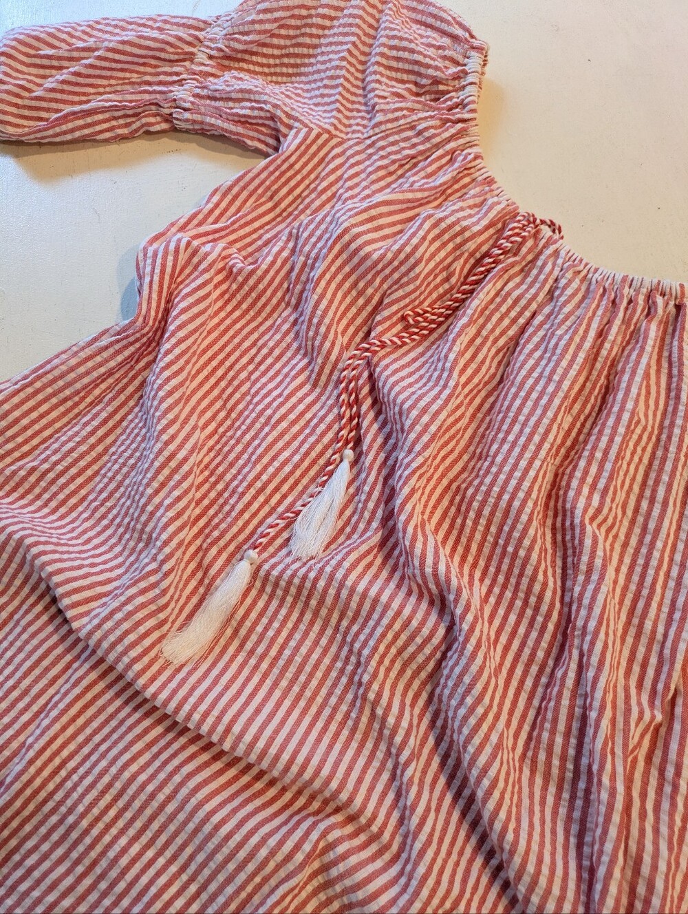 Red & White Striped Off-Shoulder Dress with Tassel Tie & Poms